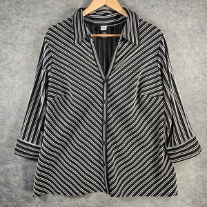 Seersucker Career Top Studio 1940 Women 18/20W Black Striped 3/4 Sleeve V-Neck